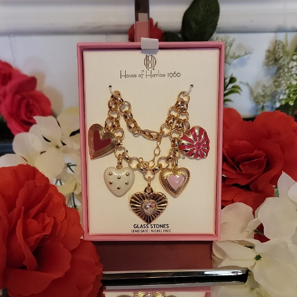 House of Harlow 1960 Gold and Pink Heart Bracelet